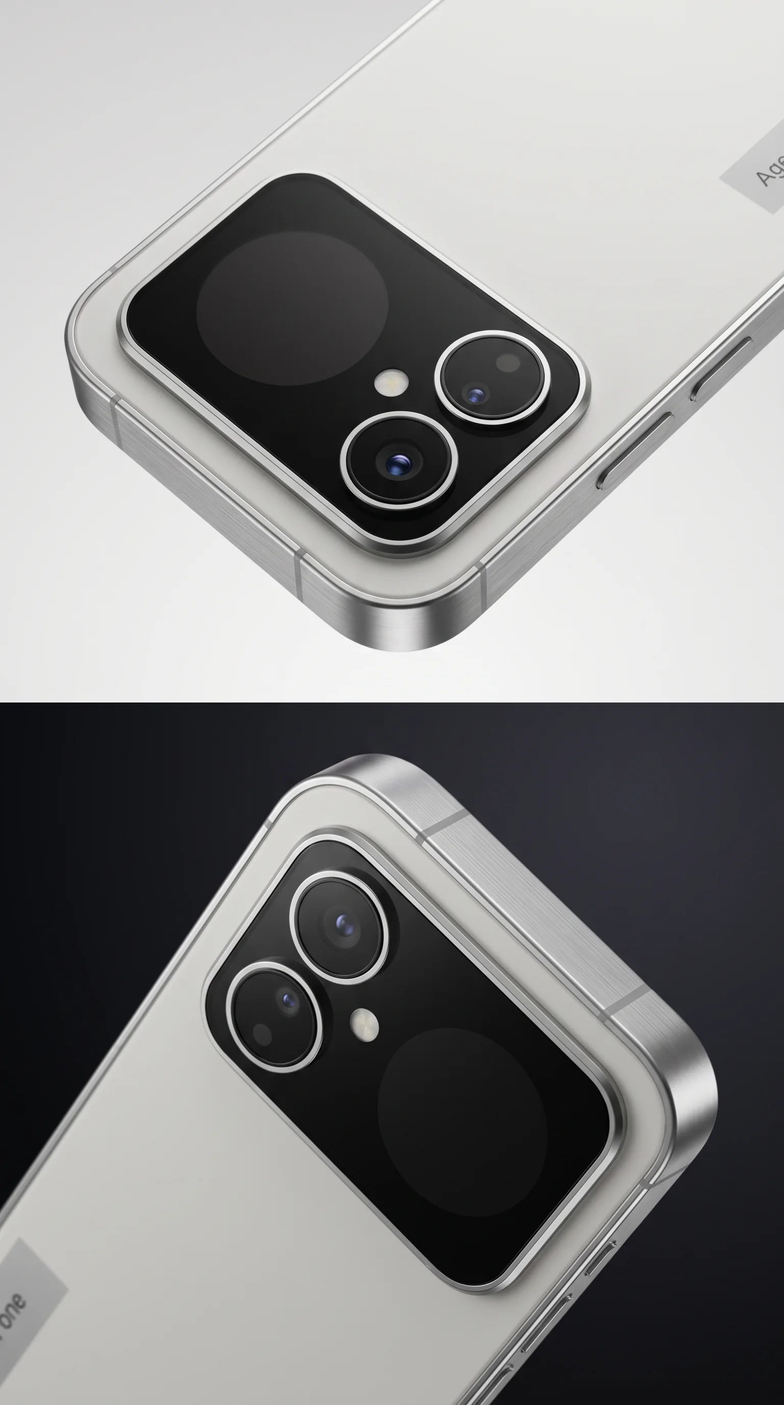 Two studies of the camera plateau, one on white and one on black, showing the two lenses and the circular rear display.