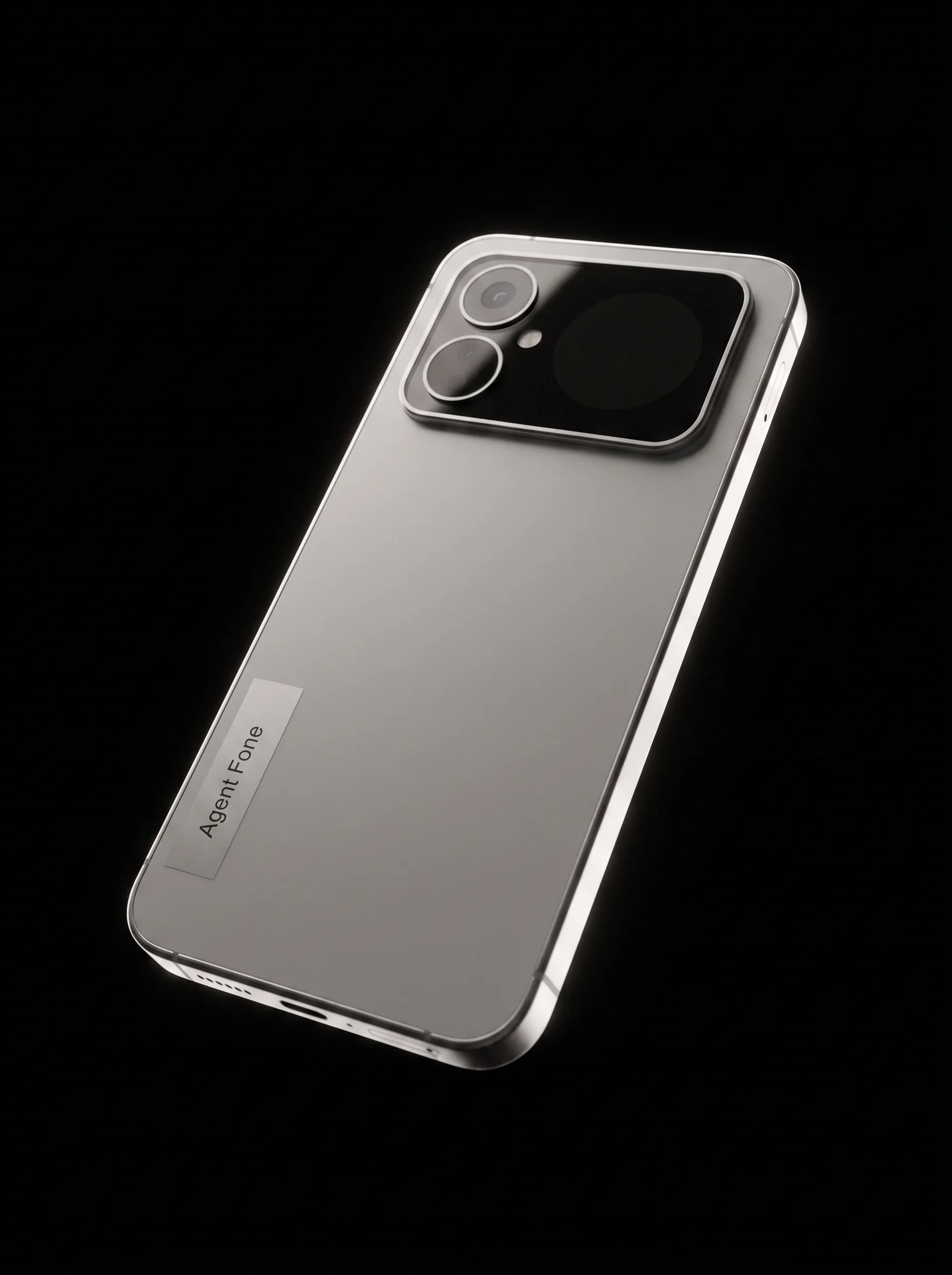 The handset tilted in space on black, full body, edge light along the milled aluminium frame.