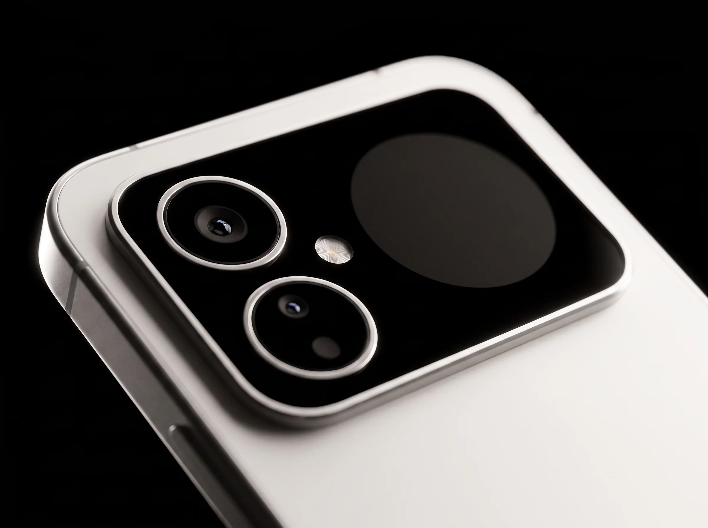 Macro of the camera plateau on black: two ringed lenses, flash, and the circular rear display under glass.