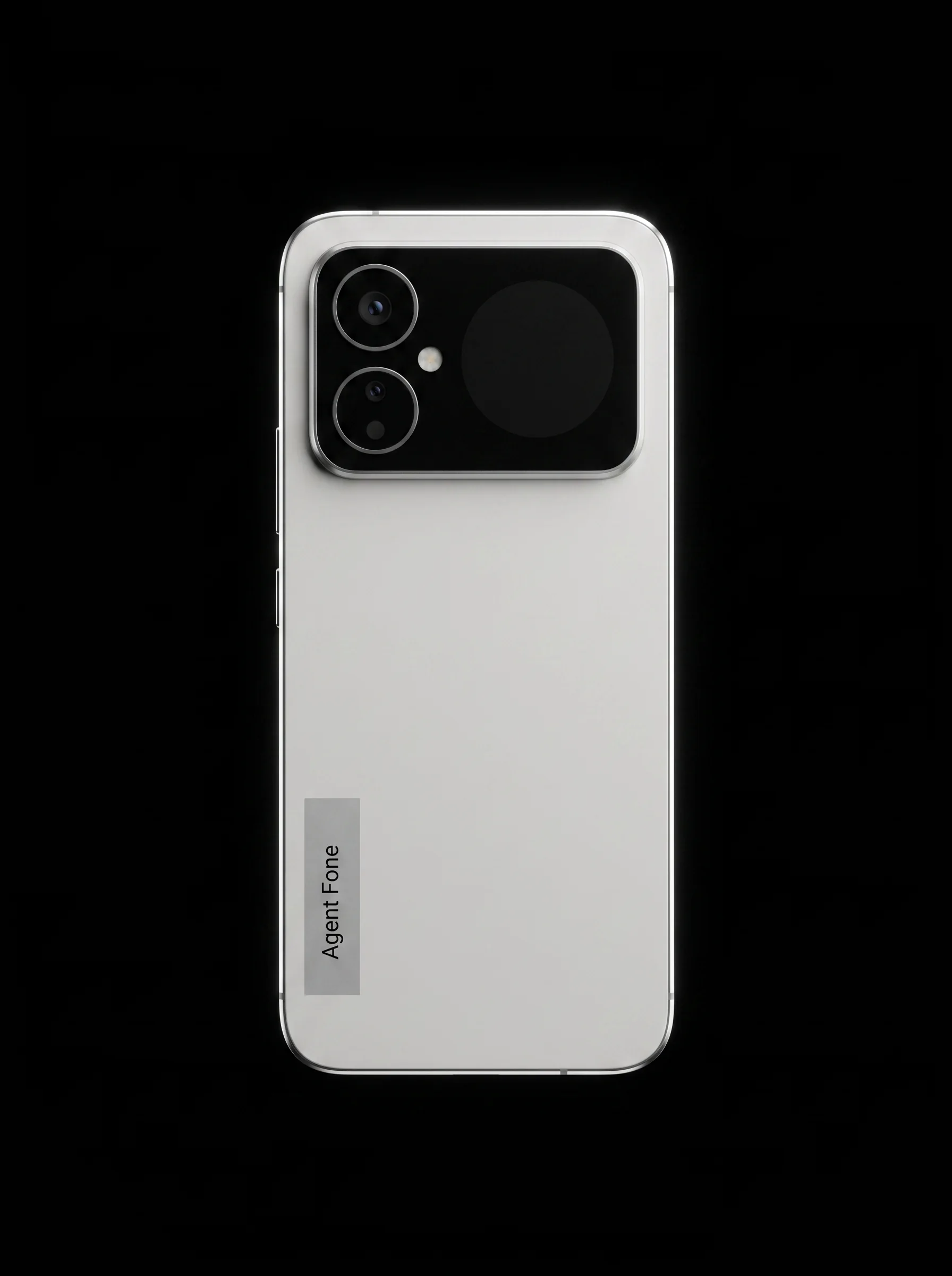 The handset flat on black, rear face up, the Agent Fone label reading vertically along the lower left.